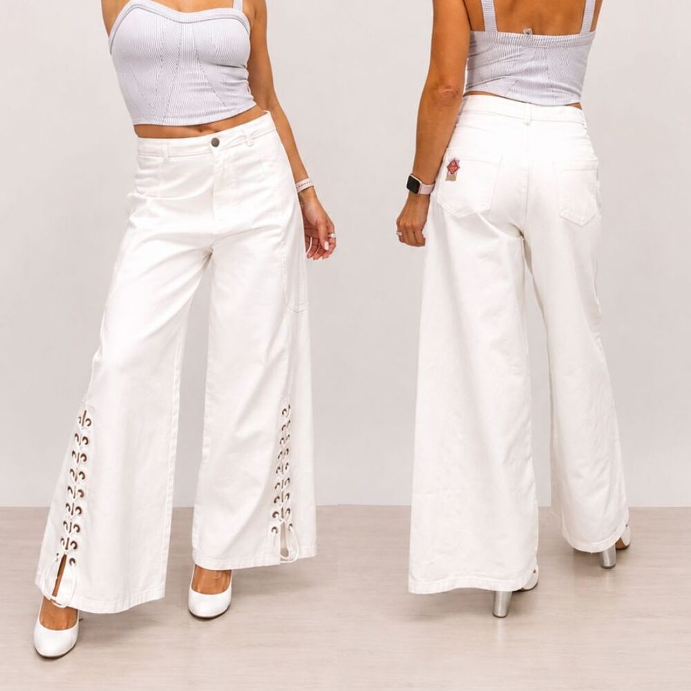 Maaji Coastal Nellie Wide Leg Pants Jeans Open White Size M NWT